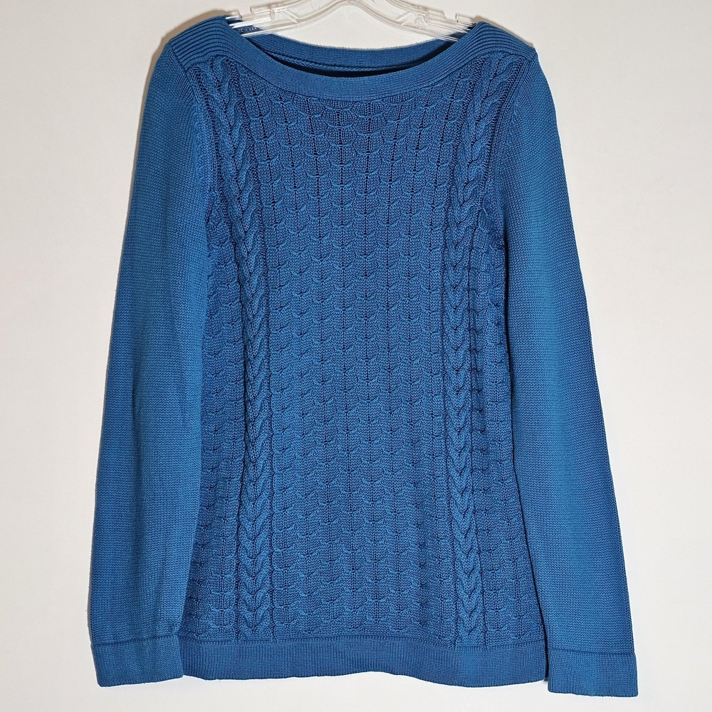 Kim‎ Rogers Sweater Womens Medium Blue Cable Knit 100% Cotton Pullover Boat Neck